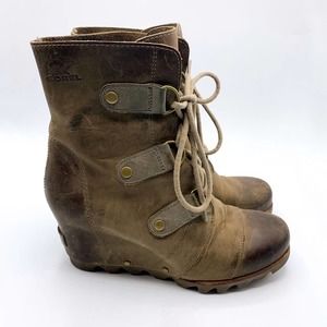 Sorel Joan of Arctic Wedge Leather Distressed Wedge Boots Kettle Brown 8
